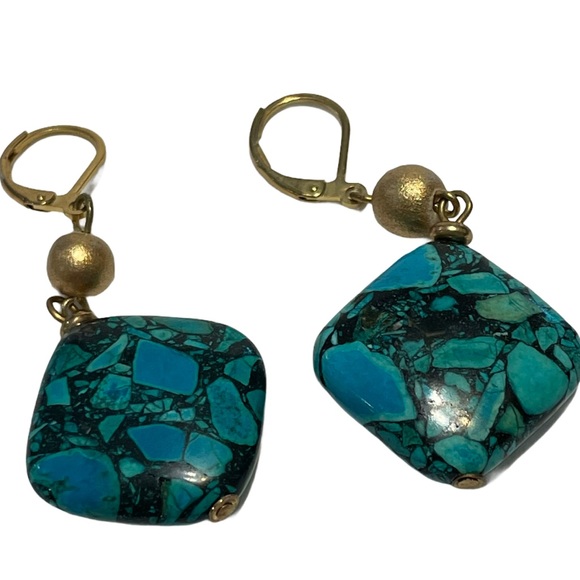 Faux Turquoise Drop Earrings Square Lever Back. - Picture 1 of 13